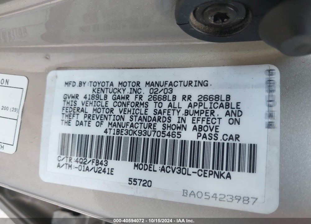 2003 TOYOTA CAMRY LE VIN: 4T1BE30K93U705465