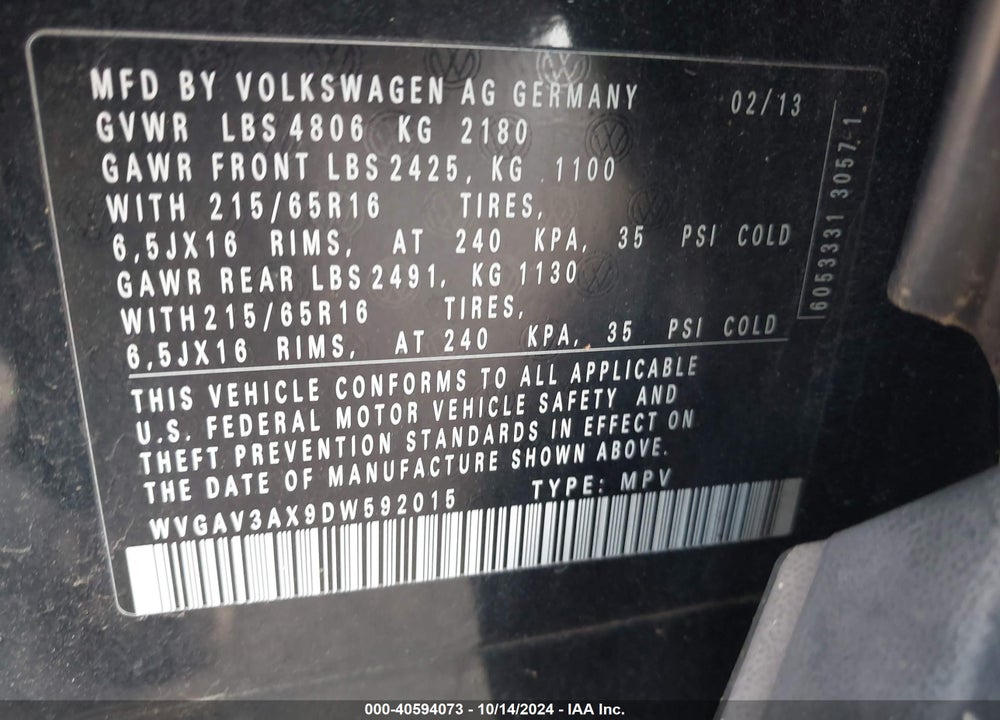 2013 VOLKSWAGEN TIGUAN S VIN: WVGAV3AX9DW592015