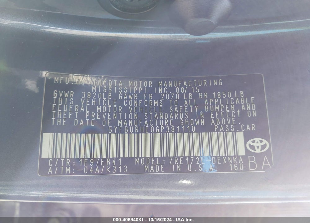 2016 TOYOTA COROLLA LE VIN: 5YFBURHE0GP381110