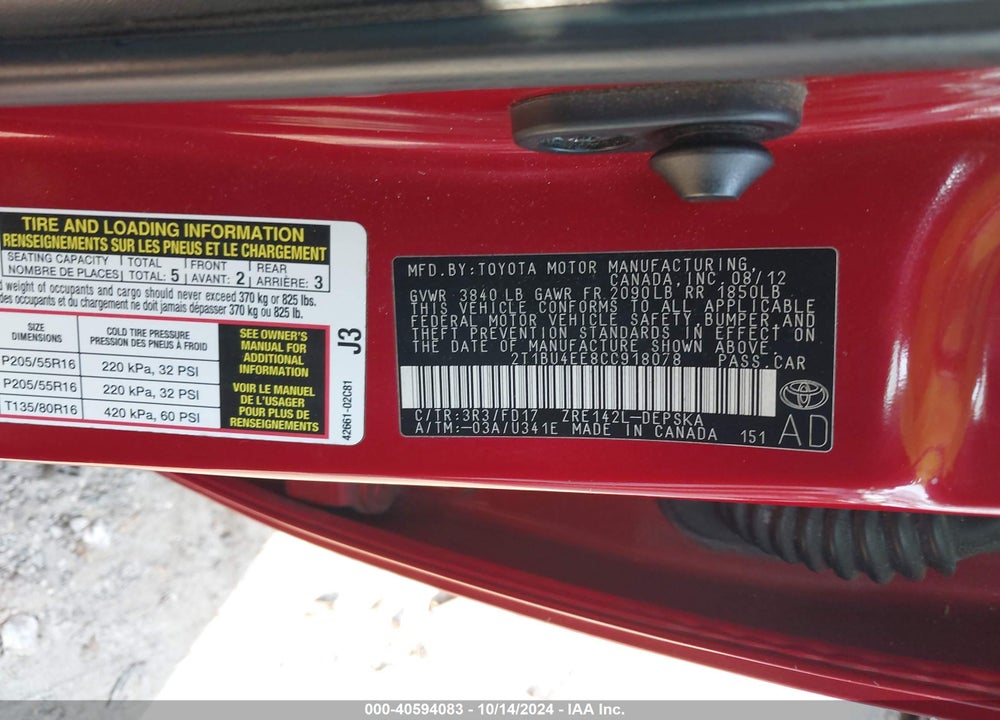 2012 TOYOTA COROLLA S VIN: 2T1BU4EE8CC918078