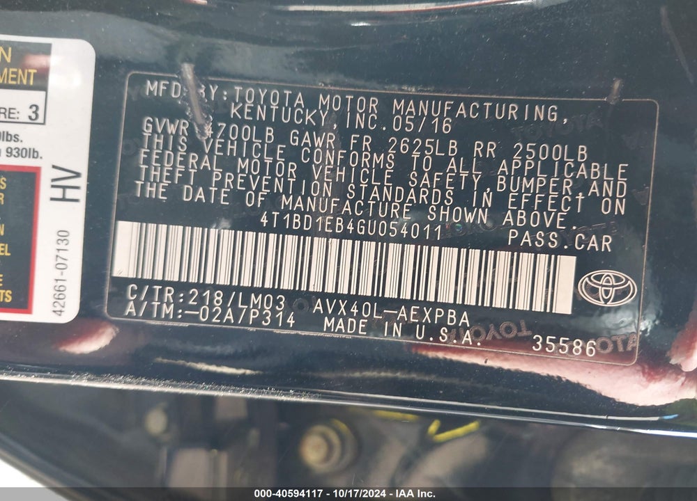 2016 TOYOTA AVALON HYBRID LIMITED VIN: 4T1BD1EB4GU054011