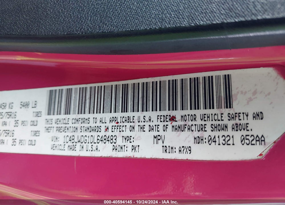 2013 ANGLER JEEP WR UNLIMITED SPORT VIN: 1C4BJWDG1DL648483