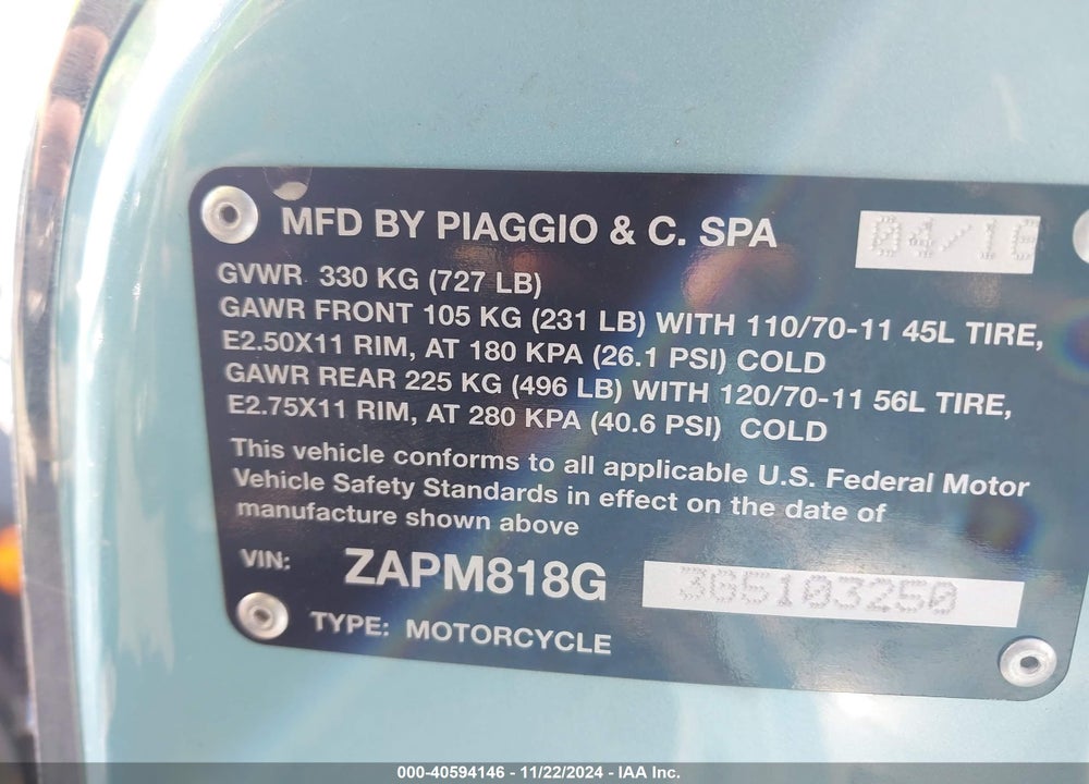 2016 VESPA SPRINT 150 3V VIN: ZAPM818G3G5103250