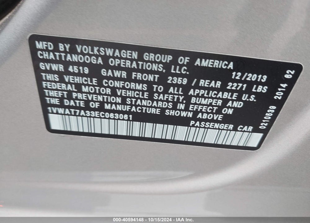 2014 VOLKSWAGEN PASSAT 1.8T WOLFSBURG EDITION VIN: 1VWAT7A33EC063061