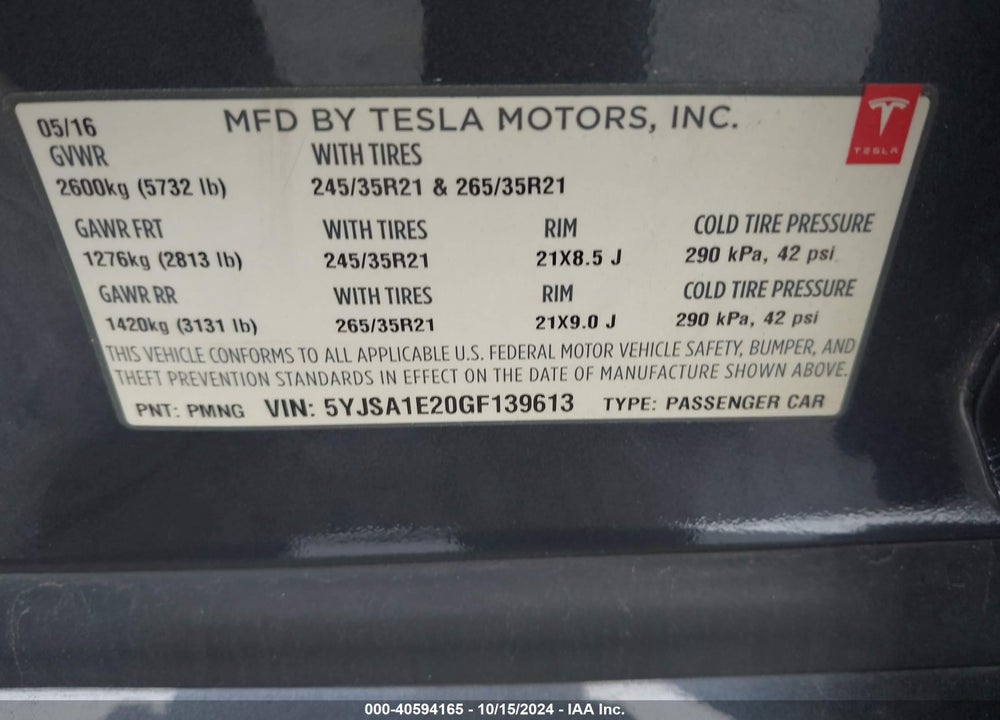 2016 TESLA MODEL S 60D/70D/75D/85D/90D VIN: 5YJSA1E20GF139613