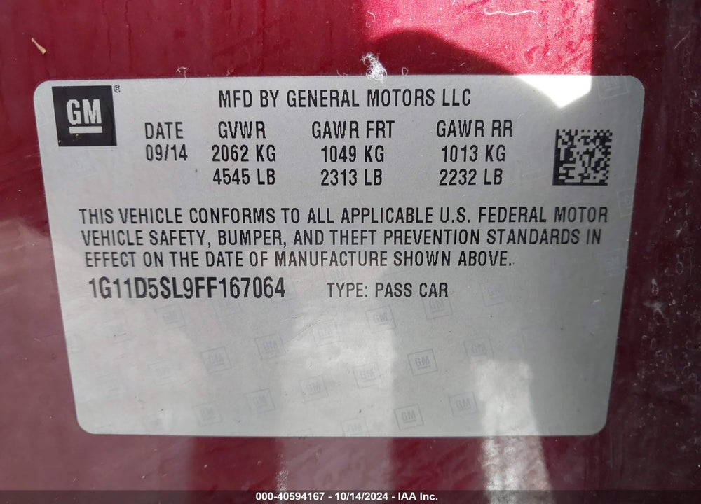 2015 CHEVY MALIBU VIN: 1G11D5SL9FF167064