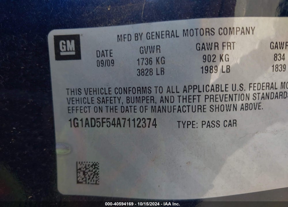 2010 CHEVROLET COBALT LT VIN: 1G1AD5F54A7112374