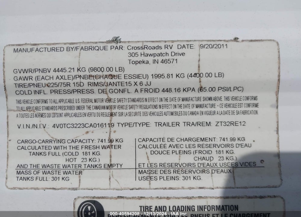 2012 ZINGER CROSSROADS VIN: 4V0TC3223CA016119