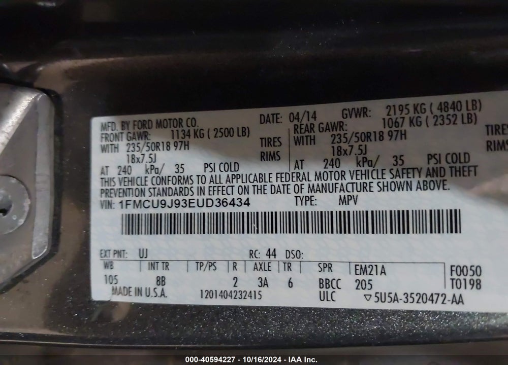 2014 FORD ESCAPE TITANIUM VIN: 1FMCU9J93EUD36434