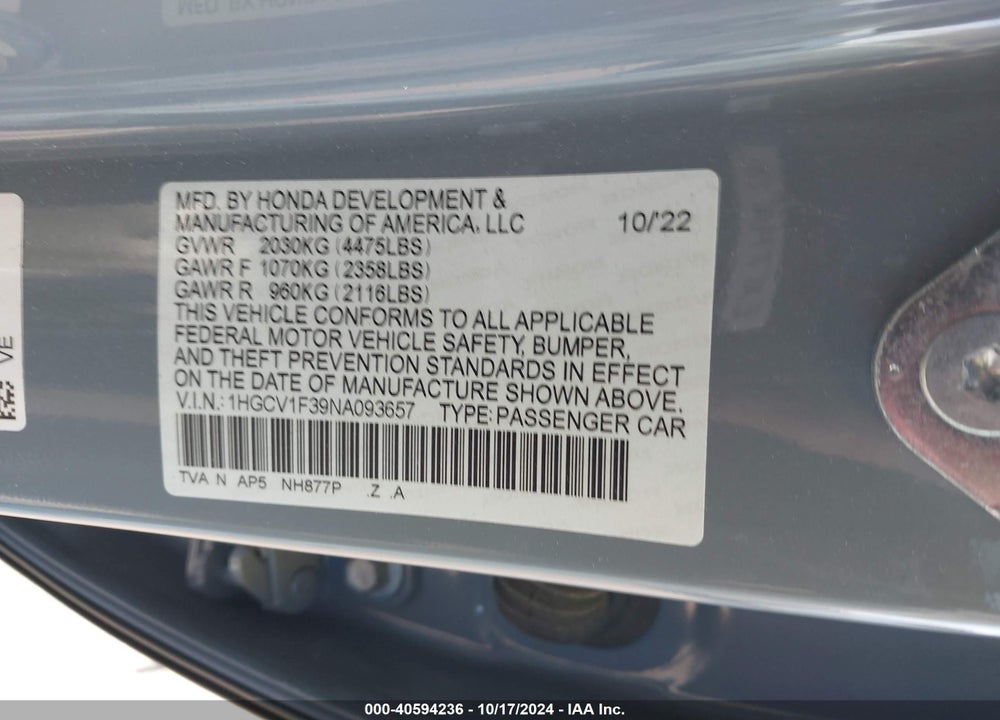 2022 HONDA ACCORD SPORT VIN: 1HGCV1F39NA093657