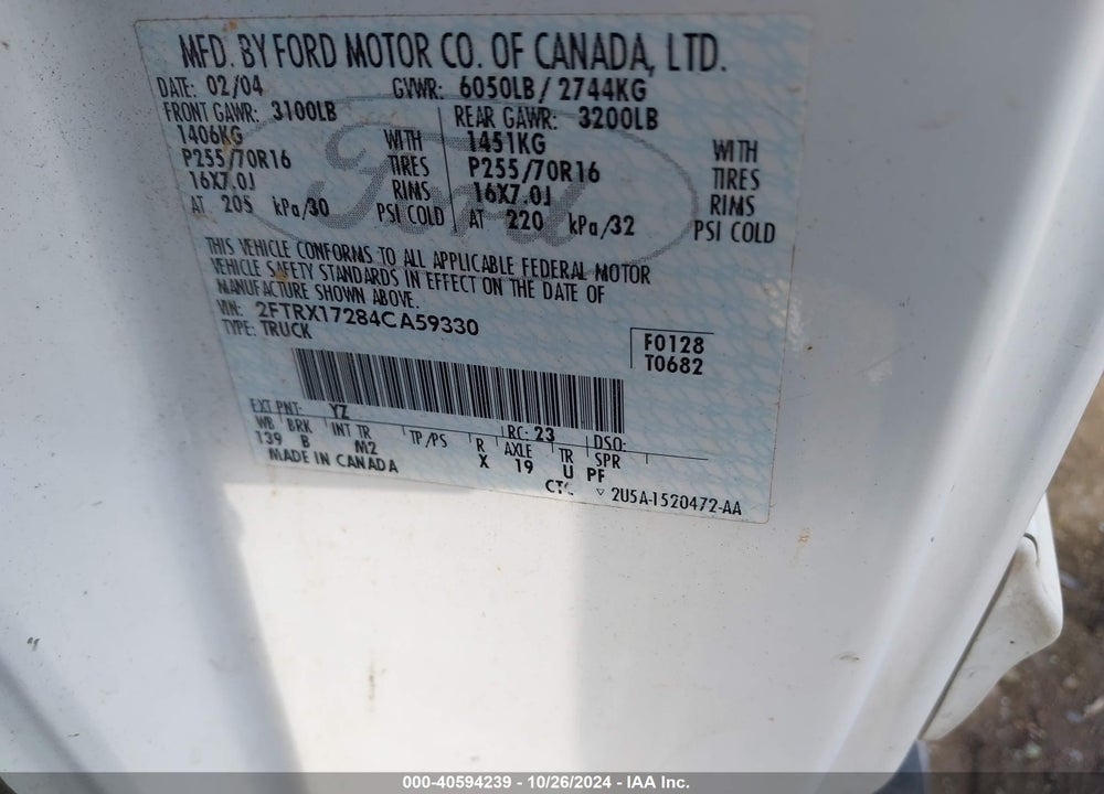 2004 FORD F-150 HERITAGE XL/XLT VIN: 2FTRX17284CA59330