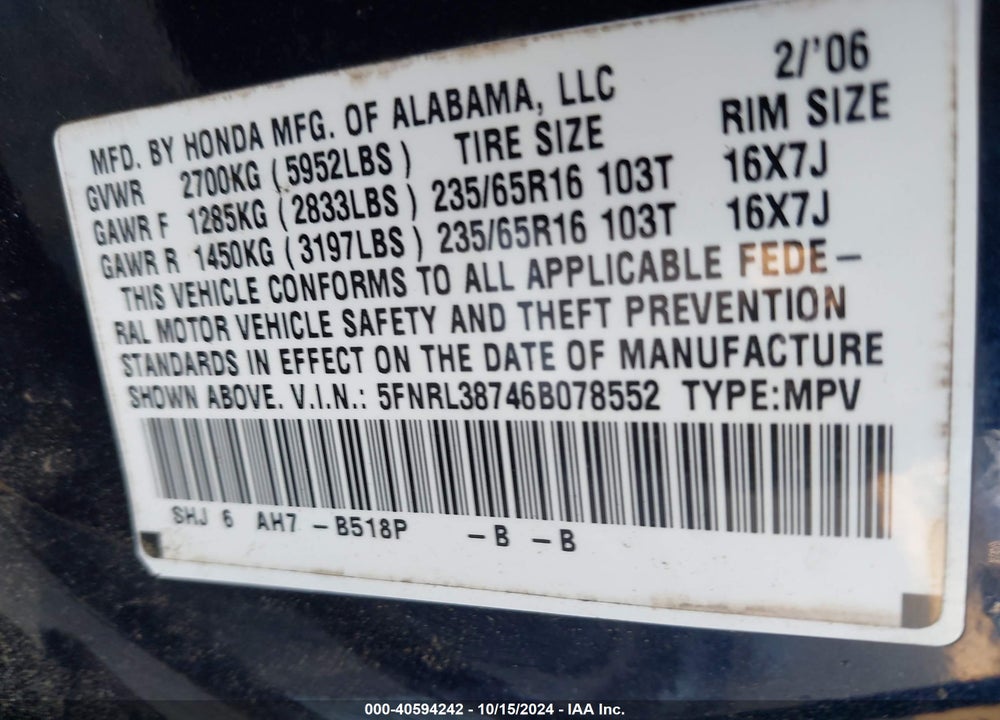 2006 HONDA ODYSSEY EX-L VIN: 5FNRL38746B078552