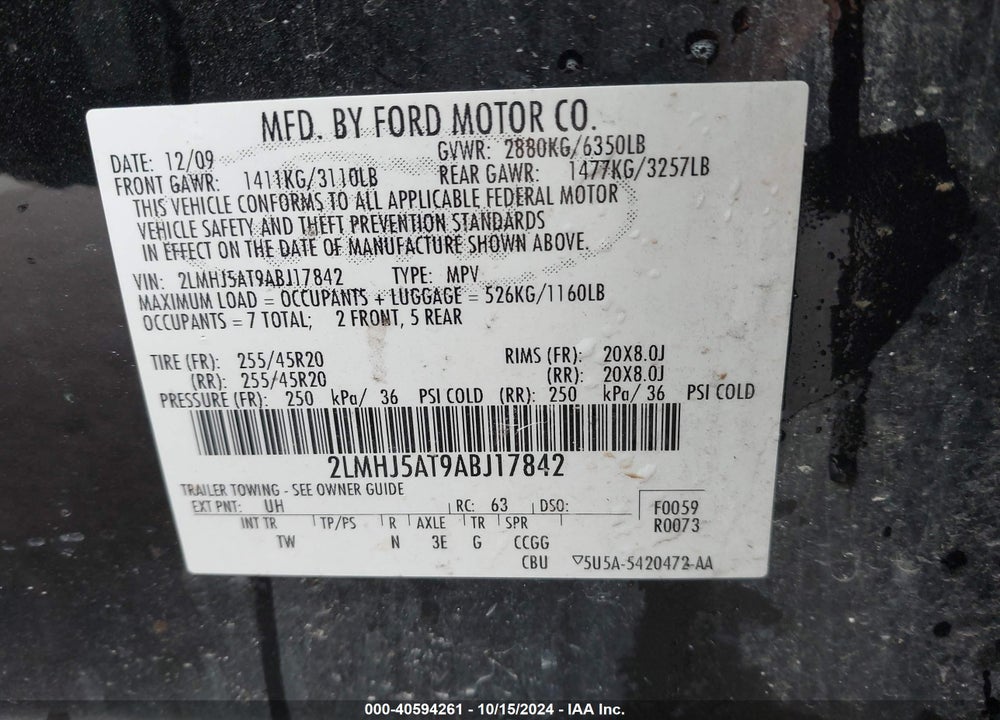 2010 LINCOLN MKT ECOBOOST VIN: 2LMHJ5AT9ABJ17842