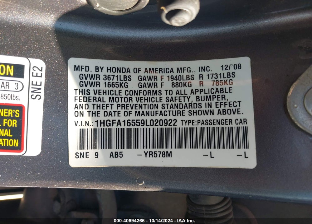 2009 HONDA CIVIC LX VIN: 1HGFA16559L020922