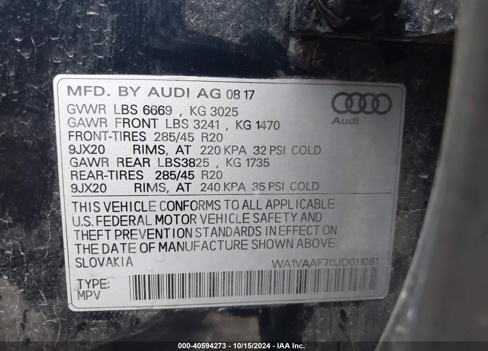 2018 AUDI Q7 3.0T PREMIUM VIN: WA1VAAF70JD011081