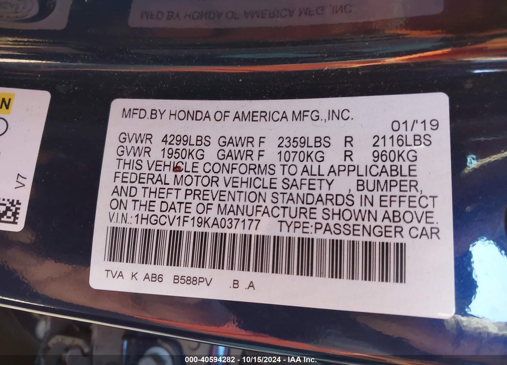 2019 HONDA ACCORD LX VIN: 1HGCV1F19KA037177