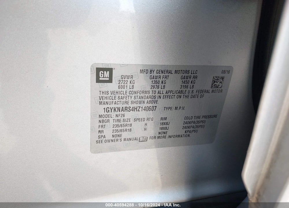 2017 CADILLAC XT5 STANDARD VIN: 1GYKNARS4HZ140607