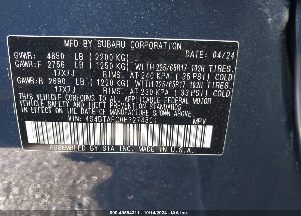 2024 SUBARU OUTBACK PREMIUM VIN: 4S4BTAFC0R3274801