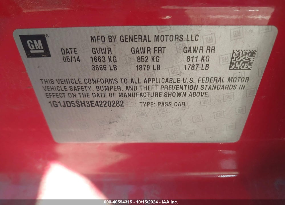 2014 CHEVROLET SONIC LT MANUAL VIN: 1G1JD5SH3E4220282