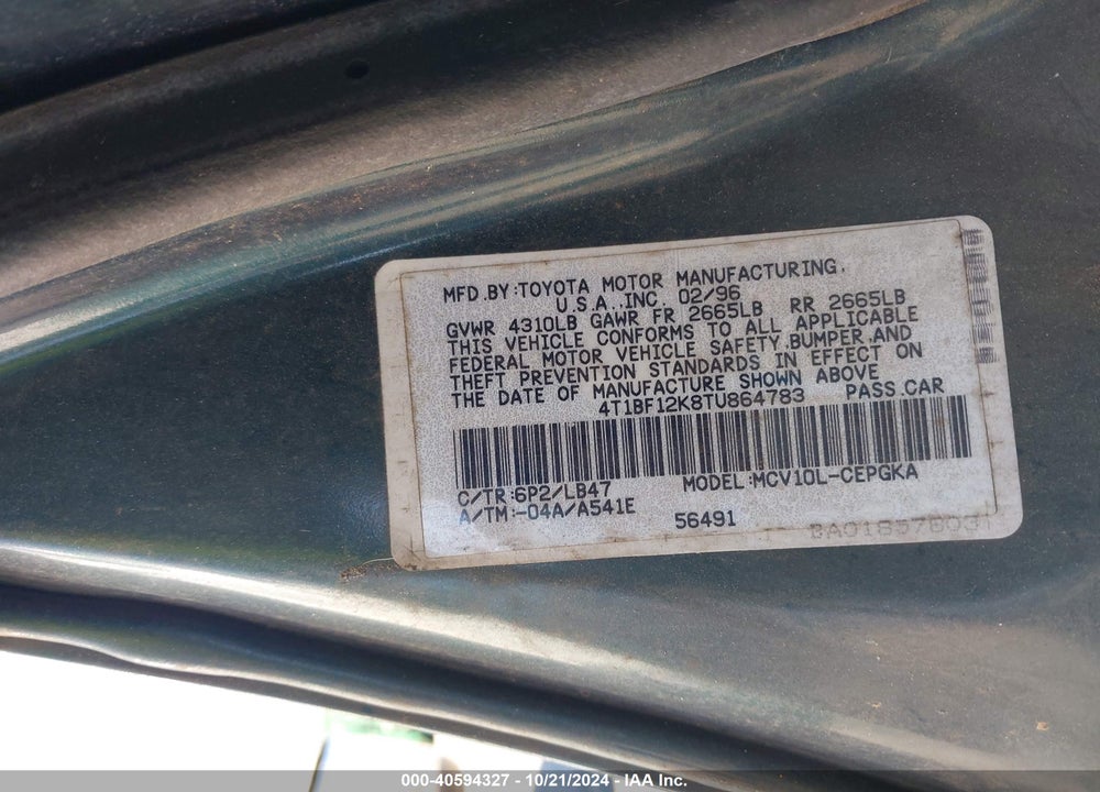 1996 TOYOTA CAMRY LE/XLE/SE VIN: 4T1BF12K8TU864783