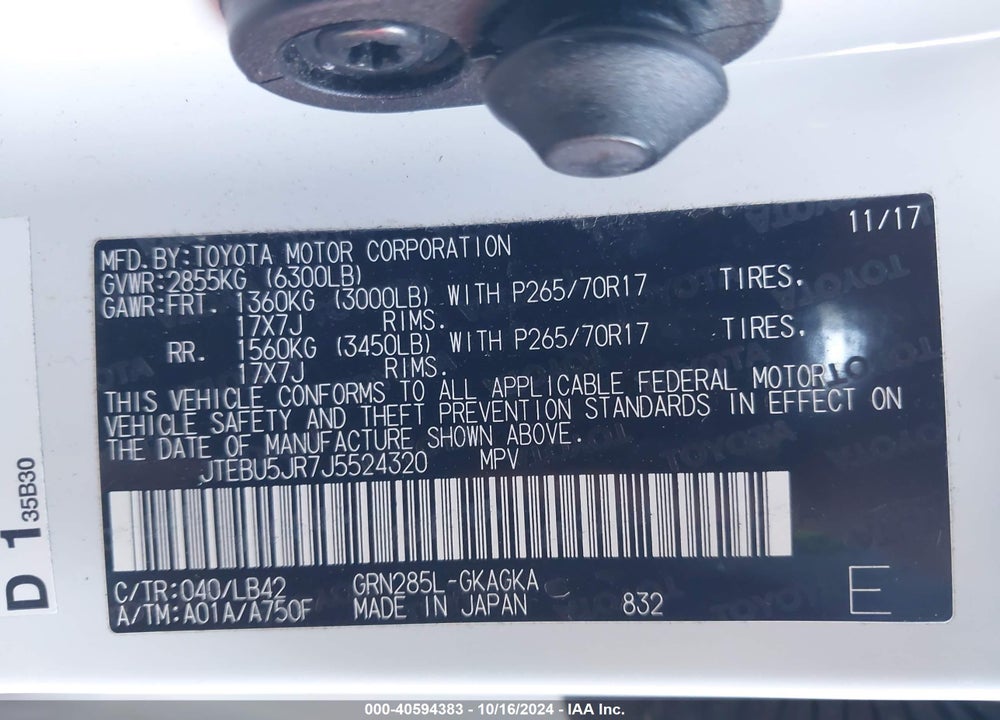 2018 TOYOTA 4RUNNER SR5 PREMIUM VIN: JTEBU5JR7J5524320