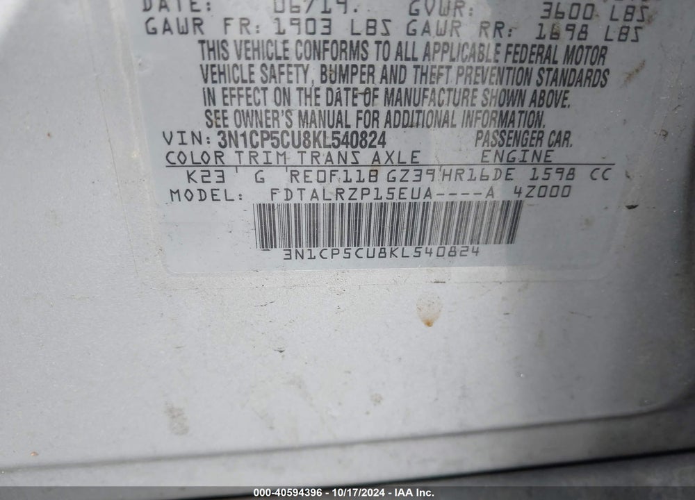 2019 NISSAN KICKS S VIN: 3N1CP5CU8KL540824