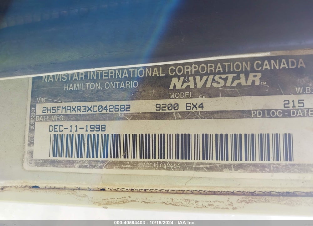 1999 INTERNATIONAL 9200 VIN: 2HSFMAXR3XC042682