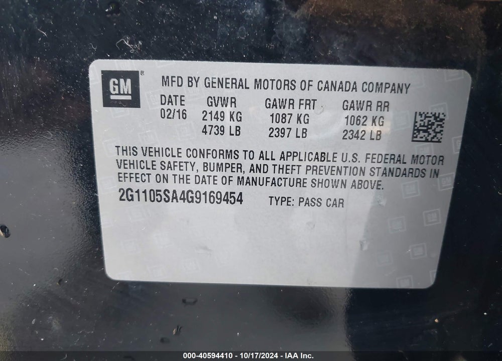 2016 CHEVROLET IMPALA 1LT VIN: 2G1105SA4G9169454