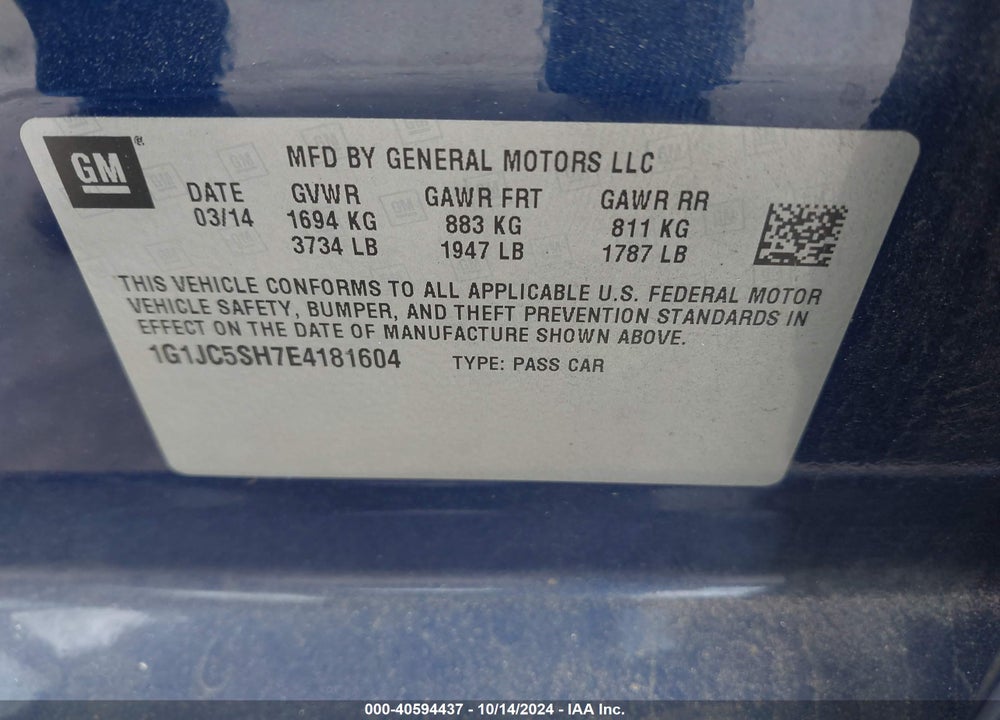2014 CHEVROLET SONIC LT AUTO VIN: 1G1JC5SH7E4181604