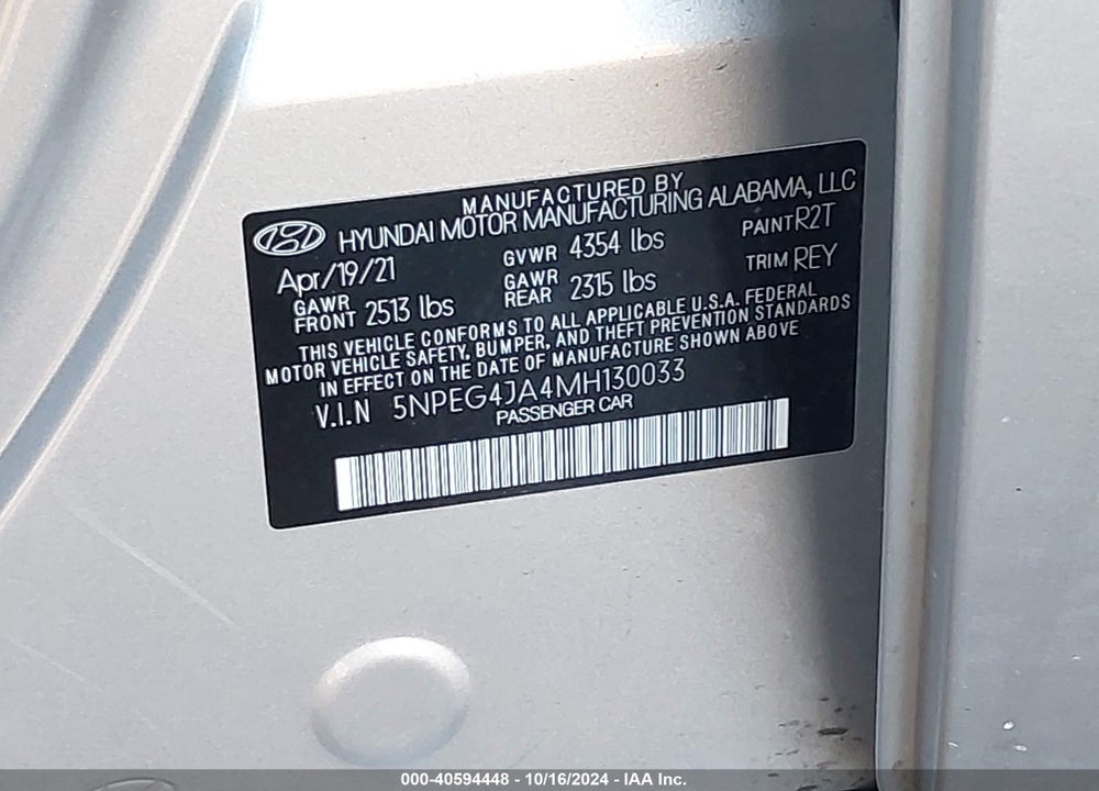 2021 HYUNDAI SONATA SE VIN: 5NPEG4JA4MH130033