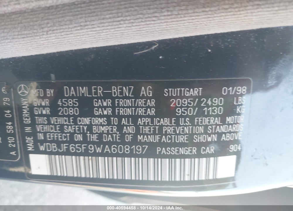 1998 MERCEDES-BENZ E 320 VIN: WDBJF65F9WA608197