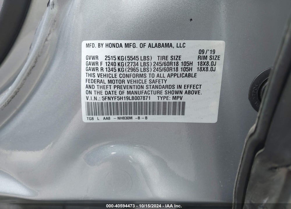 2020 HONDA PILOT 2WD LX VIN: 5FNYF5H19LB007871
