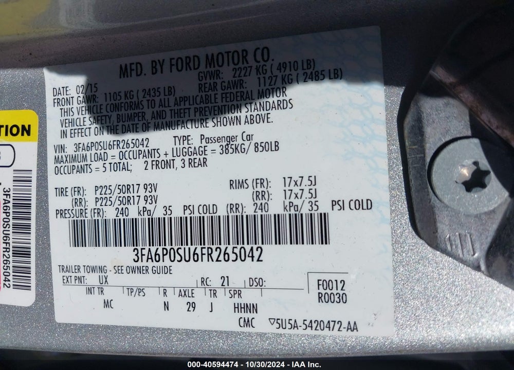 2015 FORD FUSION ENERGI TITANIUM VIN: 3FA6P0SU6FR265042