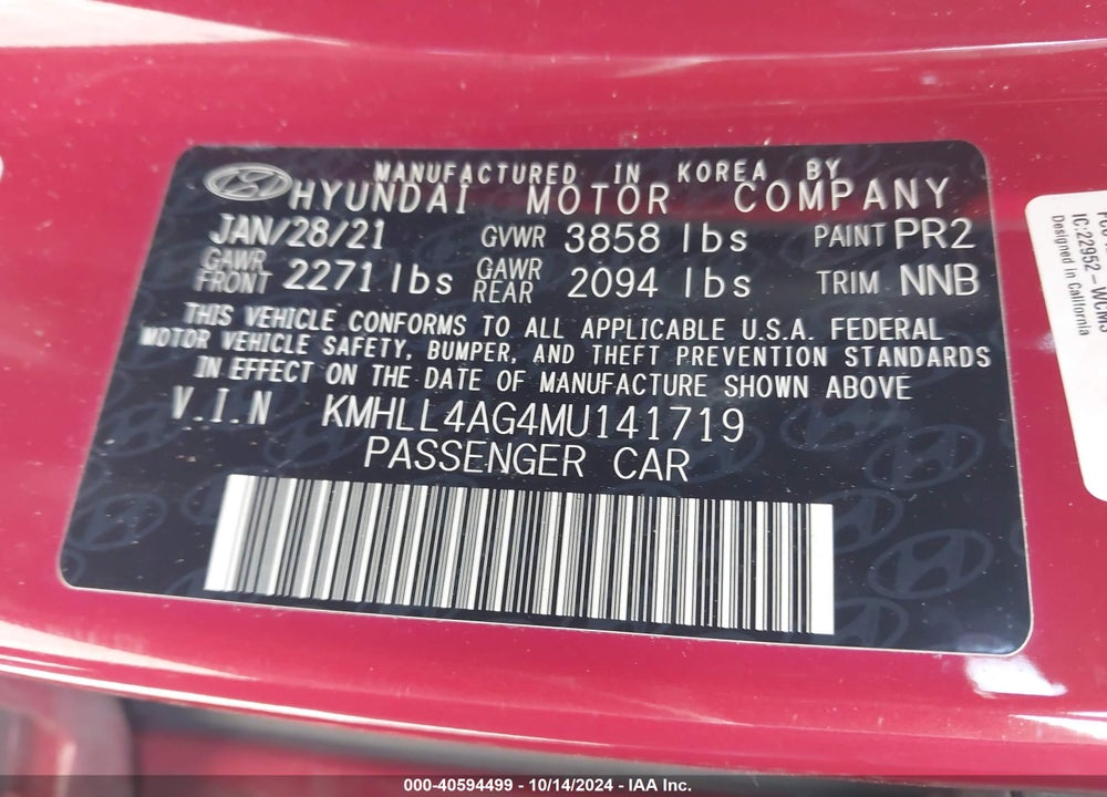 2021 HYUNDAI ELANTRA SE VIN: KMHLL4AG4MU141719