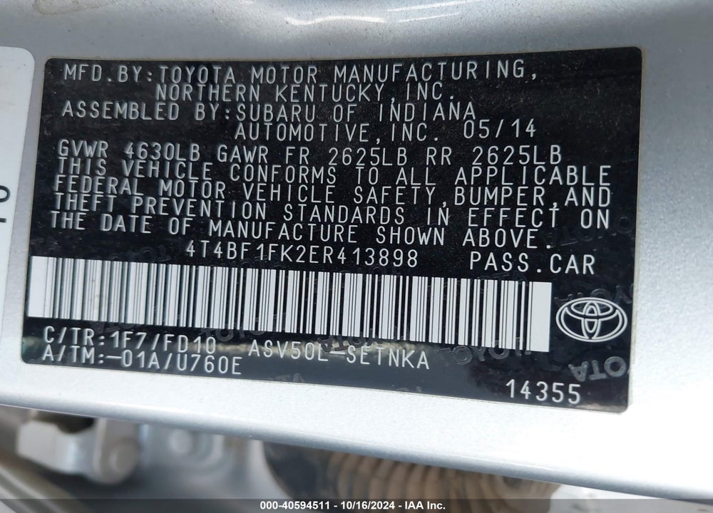 2014 TOYOTA CAMRY LE VIN: 4T4BF1FK2ER413898