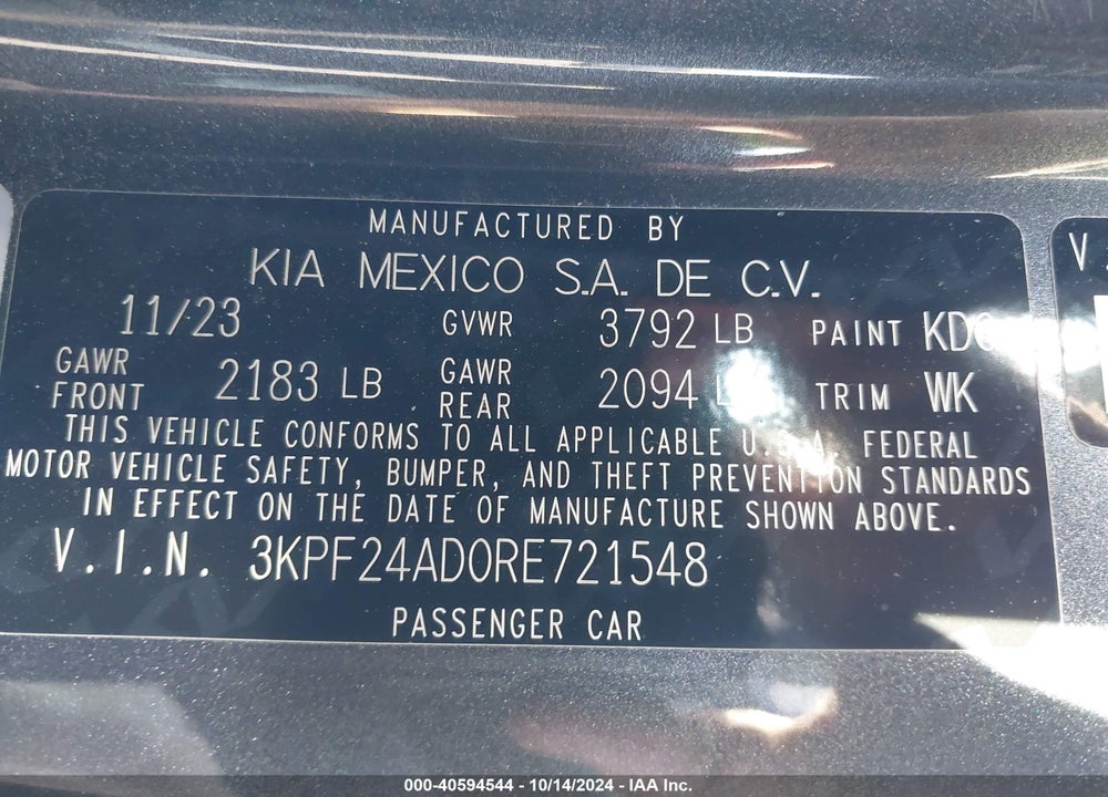 2024 KIA FORTE LXS VIN: 3KPF24AD0RE721548