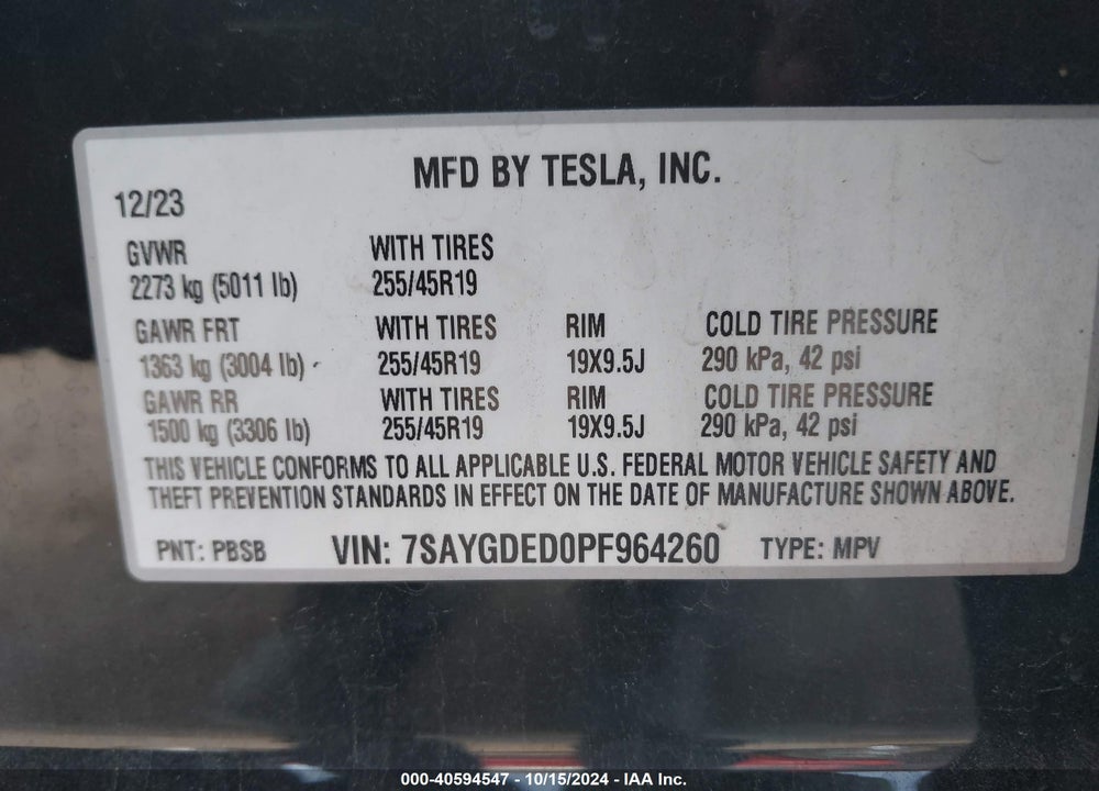 2023 TESLA MODEL Y RWD VIN: 7SAYGDED0PF964260