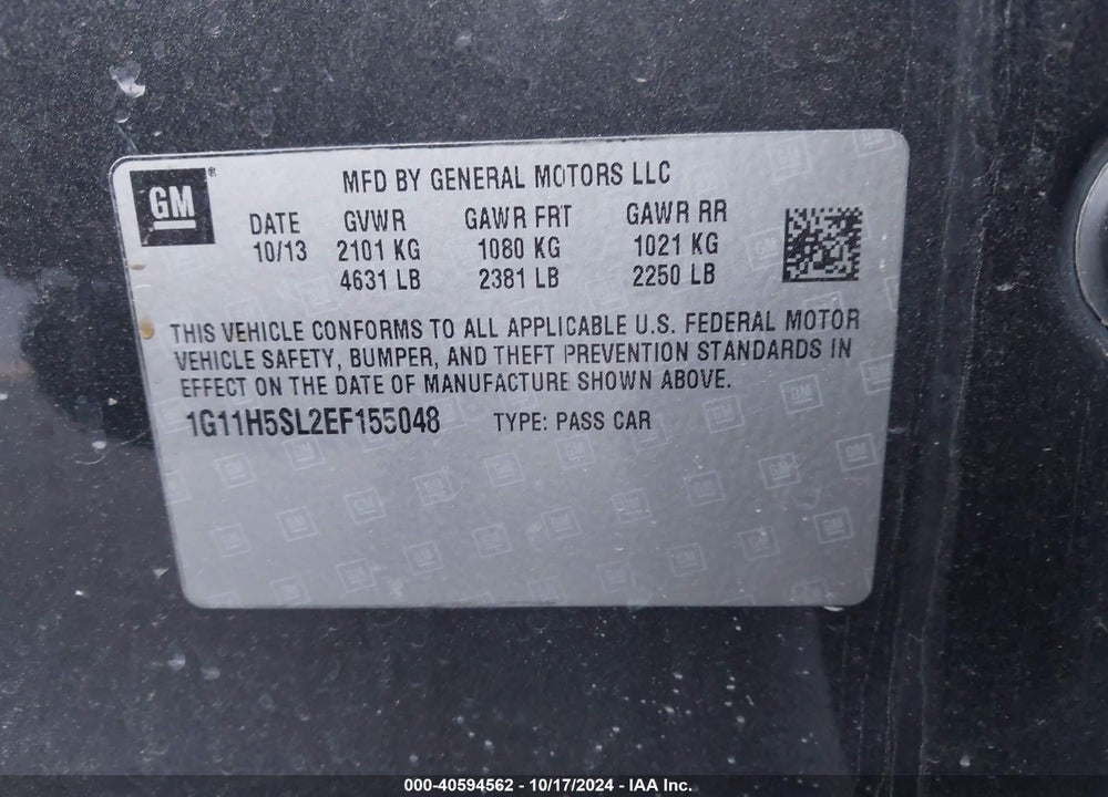 2014 CHEVROLET MALIBU 1LZ VIN: 1G11H5SL2EF155048