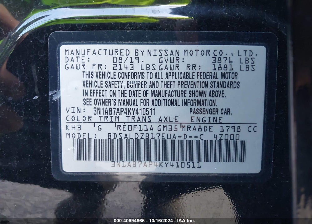 2019 NISSAN SENTRA SV VIN: 3N1AB7AP4KY410511