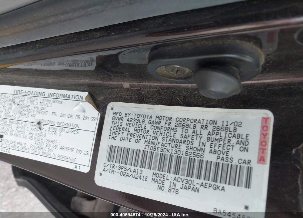 2003 TOYOTA CAMRY XLE VIN: JTDBE30K130182566