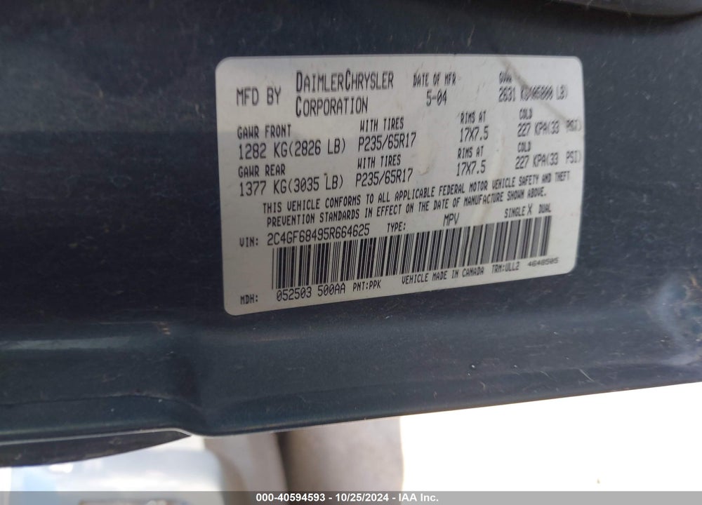 2005 CHRYSLER PACIFICA TOURING VIN: 2C4GF68495R664625