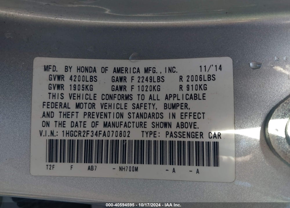 2015 HONDA ACCORD LX VIN: 1HGCR2F34FA070802