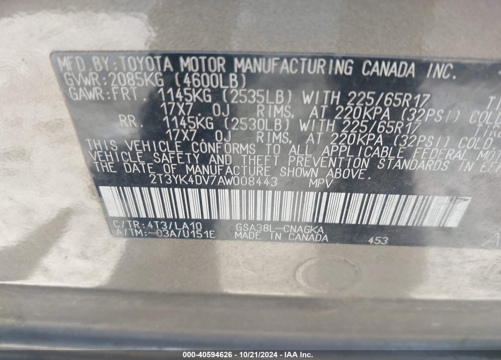 2010 TOYOTA RAV4 LIMITED VIN: 2T3YK4DV7AW008443