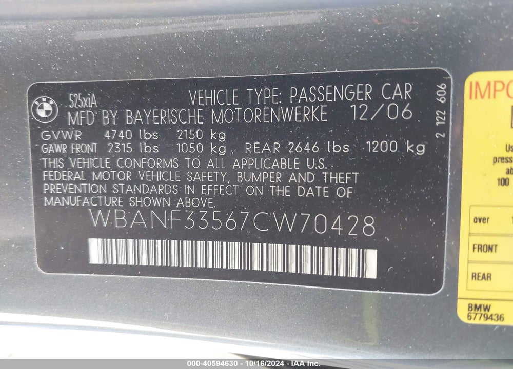 2007 BMW 525XI VIN: WBANF33567CW70428