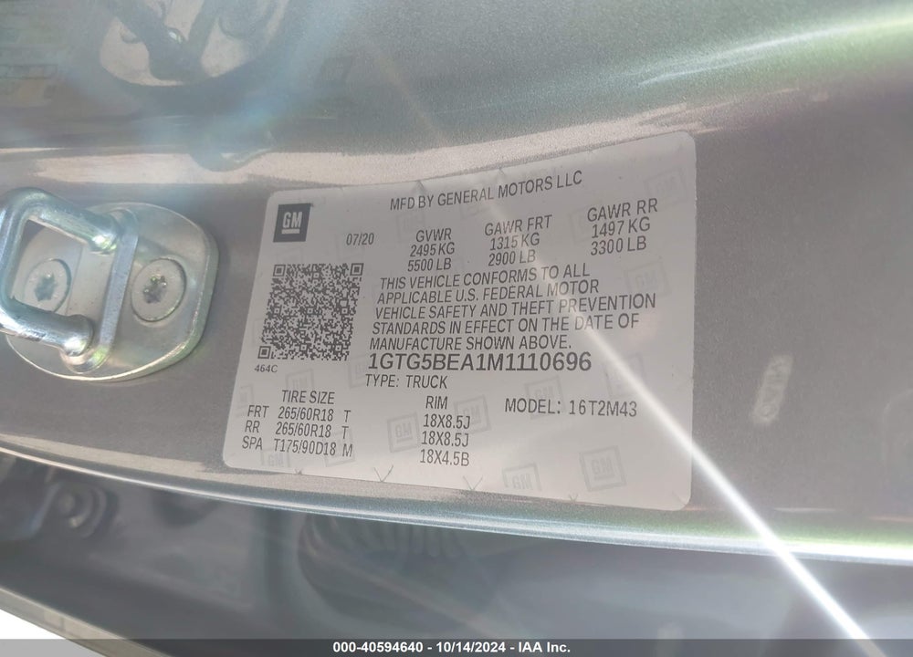 2021 GMC CANYON 2WD SHORT BOX ELEVATION STANDARD VIN: 1GTG5BEA1M1110696