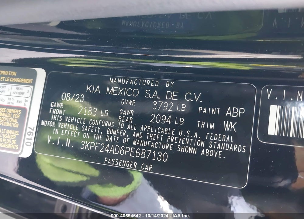 2023 KIA FORTE LXS VIN: 3KPF24AD6PE687130