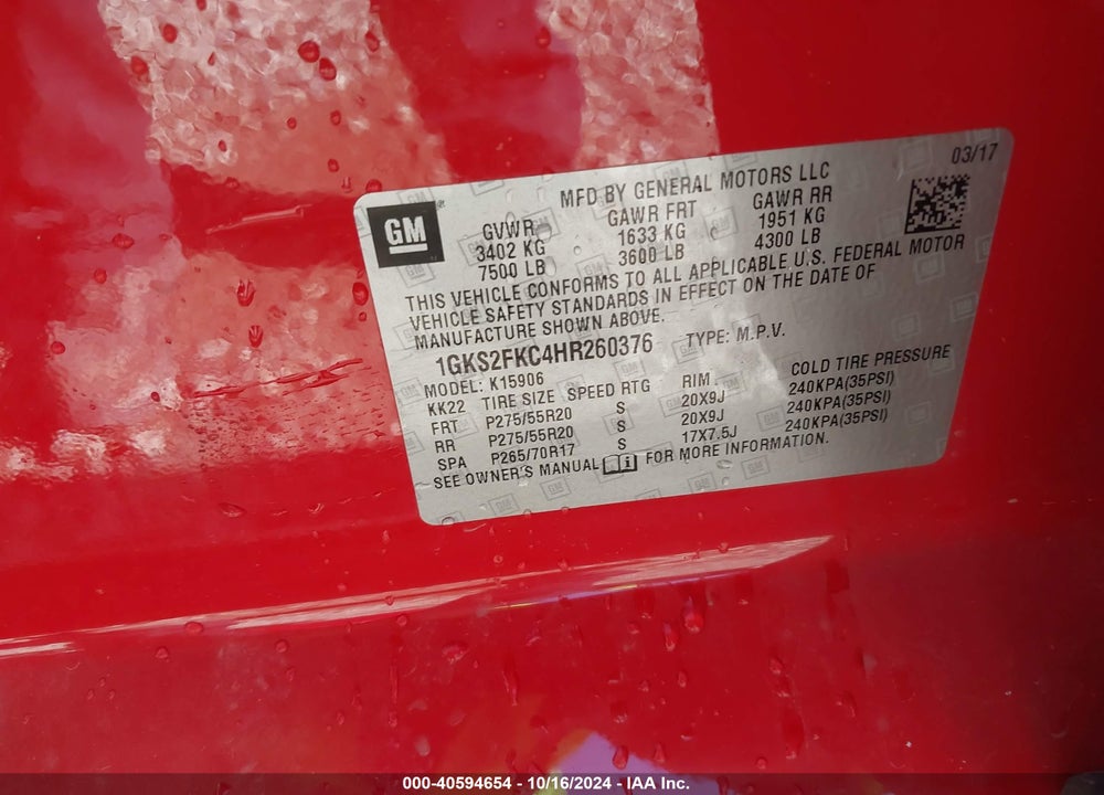 2017 GMC YUKON XL SLE VIN: 1GKS2FKC4HR260376