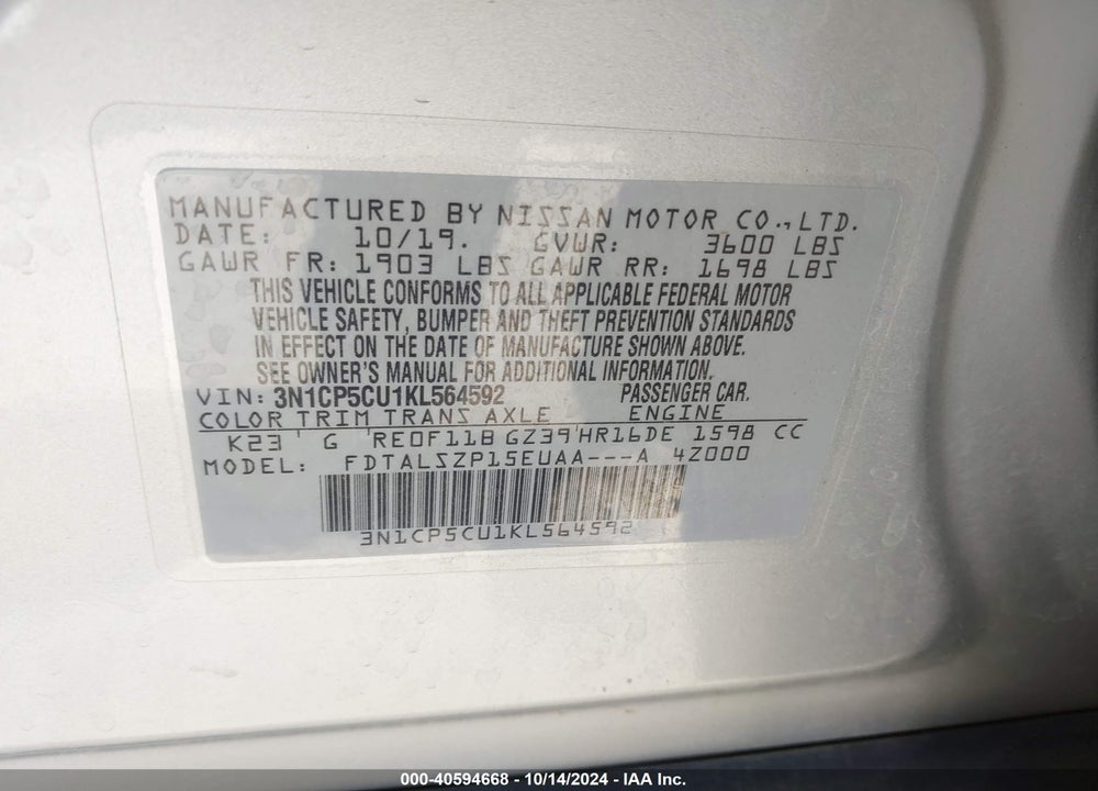 2019 NISSAN KICKS SV VIN: 3N1CP5CU1KL564592