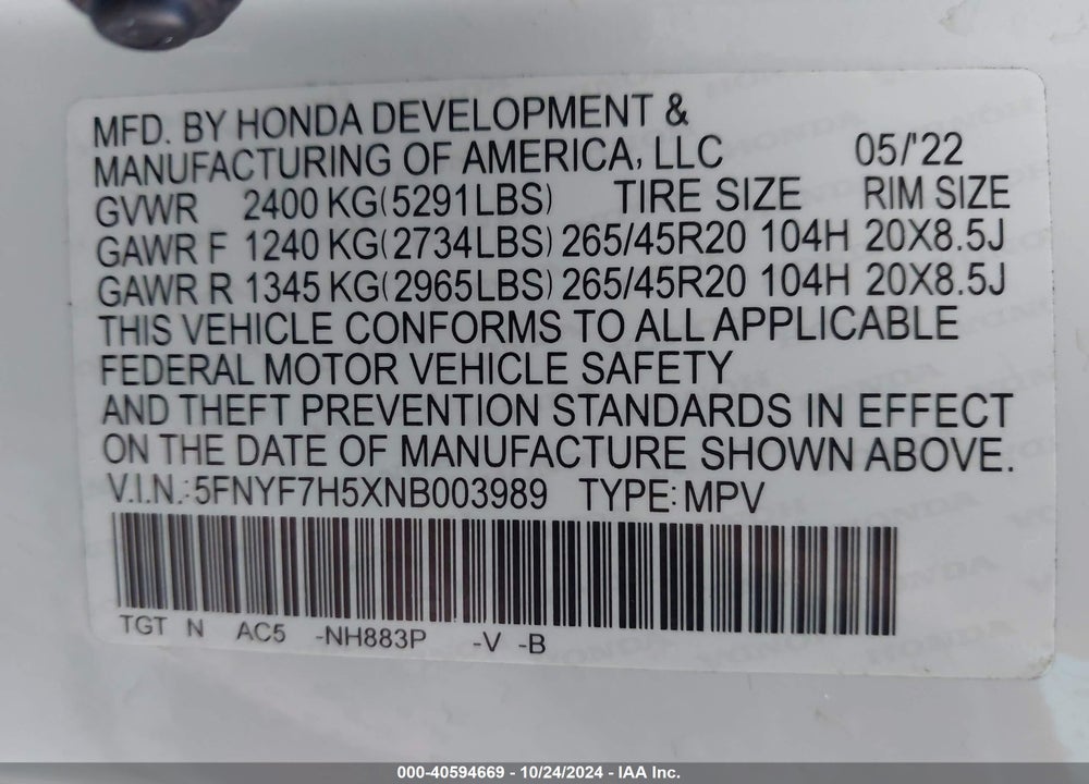 2022 HONDA PASSPORT 2WD EX-L VIN: 5FNYF7H5XNB003989