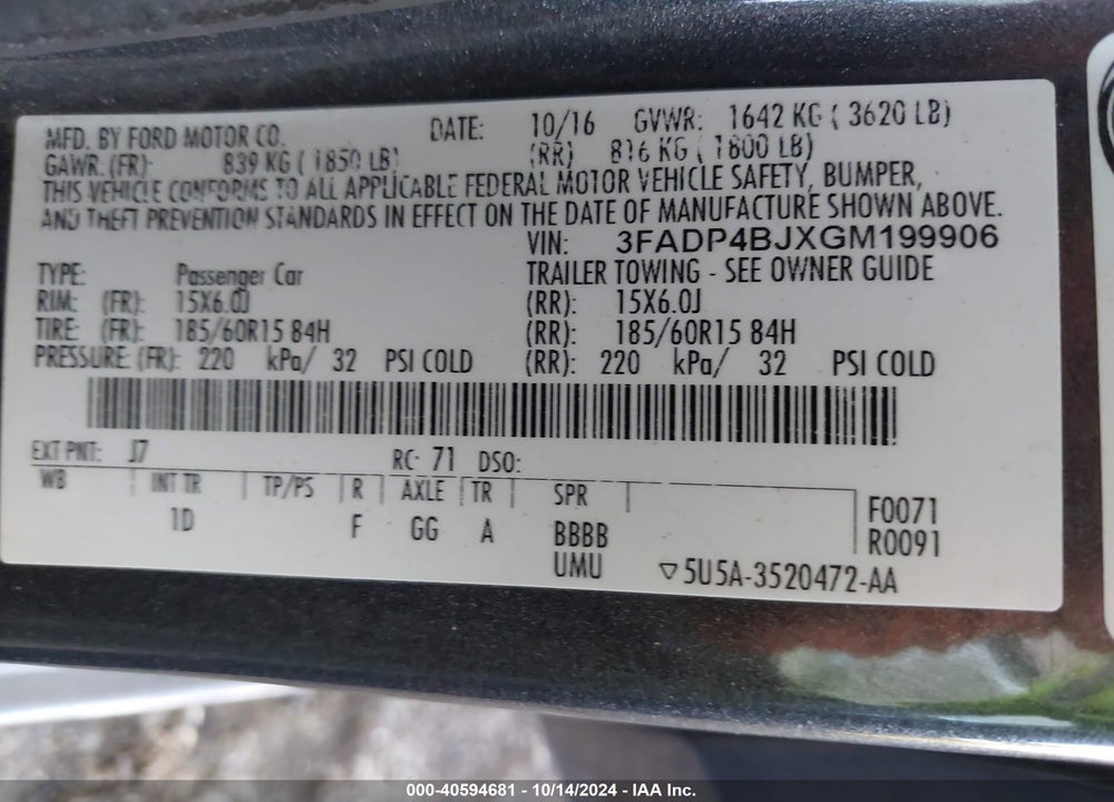 2016 FORD FIESTA SE VIN: 3FADP4BJXGM199906